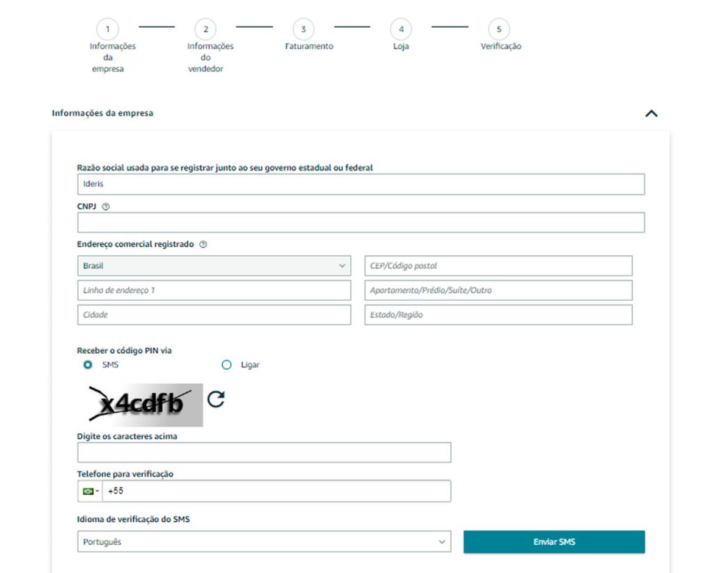 Tela do Amazon Seller Center para configuração de nova loja no marketplace